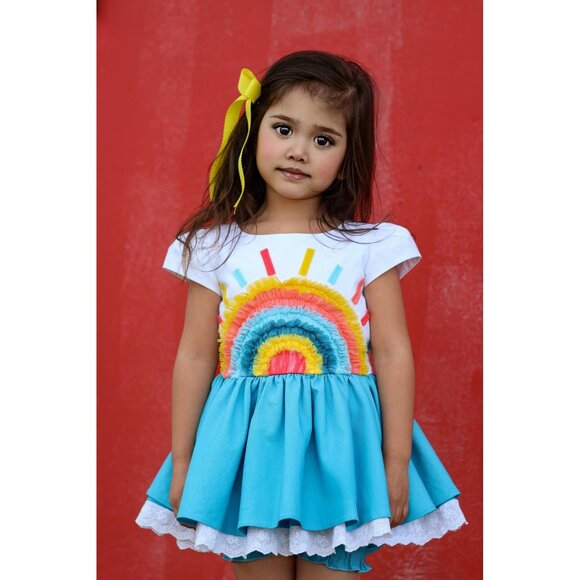 Sz 7 Girl August Stay Golden teal linen rainbow dress and shorts set NWT - Picture 8 of 8